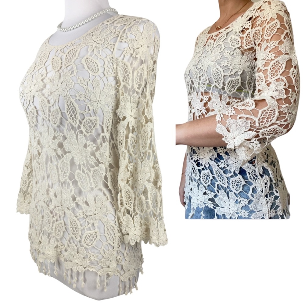 Anthro Finn & Clover Crochet 3/4 Sleeve Cotton Scallops Tassels Top size Medium - Picture 2 of 16